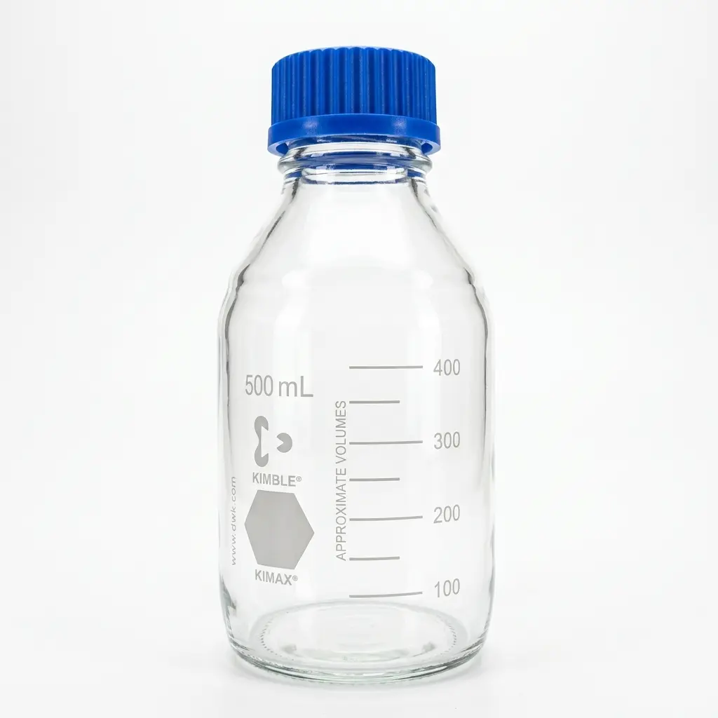 Frasco para laboratorio GL 45 c/ tapa (azul) y anillo de polipropileno 500 mL KIMAX 