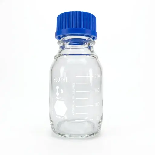 [14395-250] Frasco para laboratorio GL 45 c/ tapa (azul) y anillo de polipropileno 250 mL KIMAX 