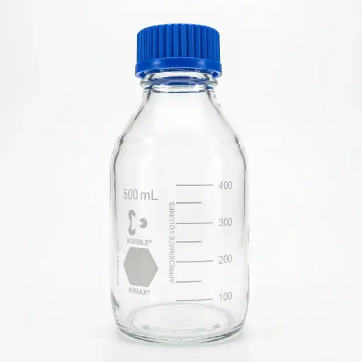 [14395-500] Frasco para laboratorio GL 45 c/ tapa (azul) y anillo de polipropileno 500 mL KIMAX 